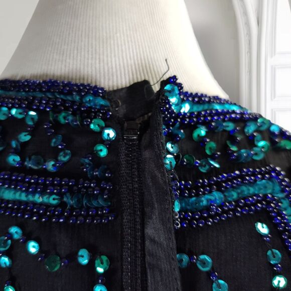 Vintage 90s Sequin Formal Prom Evening Dress Size L Halter Neck Thigh Slit - Picture 13 of 16